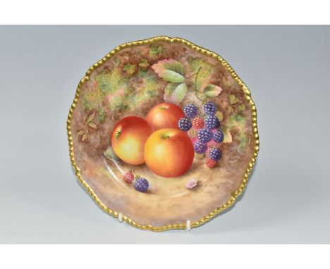 A  ROYAL WORCESTER flower shaped cabinet plate, with gilt gadrooned edge, decorated with hand painted fruit by H Ayrton, diam