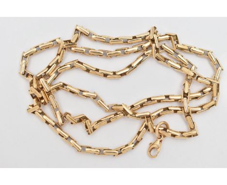 A 9CT GOLD CHAIN NECKLACE, the tubular link chain with spring release clasp attached on movable loop so chain can be worn as 