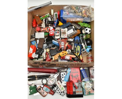 A BOX OF ASSORTED ITEMS, to include various novelty lighters, in forms such as a phone, chocolate, sandal, car, spark plug, j