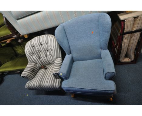 AN ART FORMA STRIPPED BUTTON BACK CHAIR, along with a blue wing back armchair (condition report: one leg loose to button back