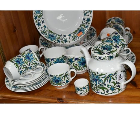 A GROUP OF MIDWINTER 'SPANISH GARDEN' PATTERN TABLEWARE, comprising teapot, seven dinner plates, five tea plates, eight cups,