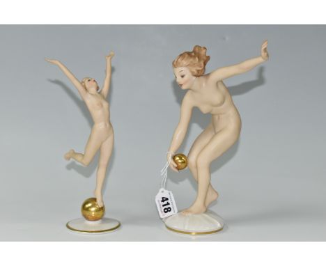 TWO 1930s HUTSCHENREUTHER PORCELAIN NUDE FIGURES, two Art Deco figures comprising 'Ball Player', height 25cm and 'Sun Child',