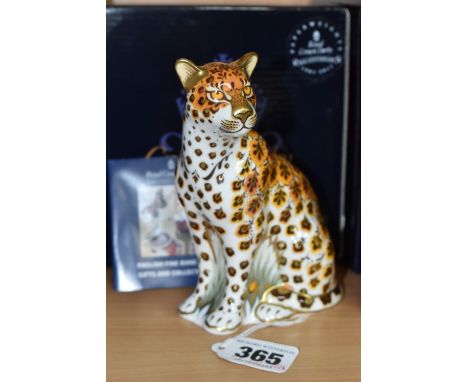 A BOXED ROYAL CROWN DERBY 'LEOPARDESS' PAPERWEIGHT, with gold stopper, red printed backstamp and date code for 2010, height 1