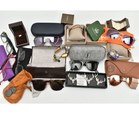 A BOX OF ASSORTED ITEMS, to include a pair of 'Ray Ban' Wayfarer 2140 sunglasses, a pair of Gucci GG1130/S sunglasses and cas