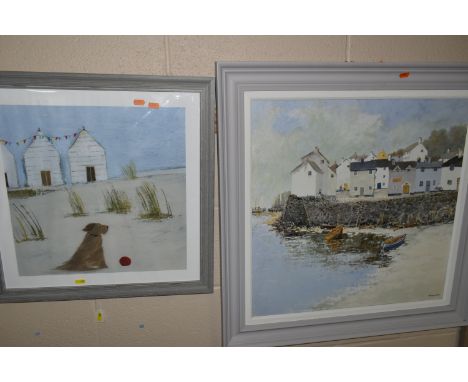 TWO DECORATIVE WALL ART PRINTS, comprising 'Morning Sands' by Anthony Waller depicting cottages beside a harbour, approximate