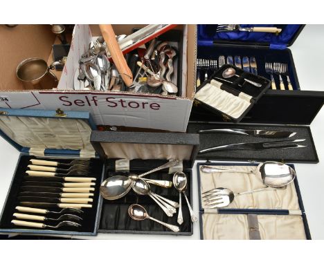 A BOX OF ASSORTED WHITE METAL WARE, to include two cased sets of fish eaters, fitted with ivorine handles, one set accompanie