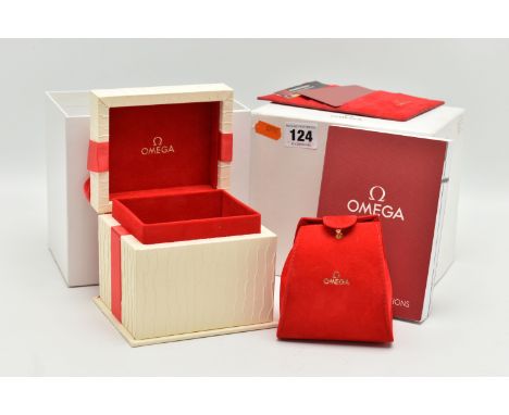 AN 'OMEGA' WATCH BOX, textured box with red ribbon detail, travel pouch interior, also including a card case, a pictogram car
