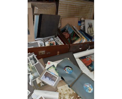 THREE OLD CASES CONTAINING A COLLECTION OF MAGAZINES, LETTERS, POSTCARDS, FIVE 1950'S ORDNANCE SURVEY MAPS, SCRAP BOOKS AND N