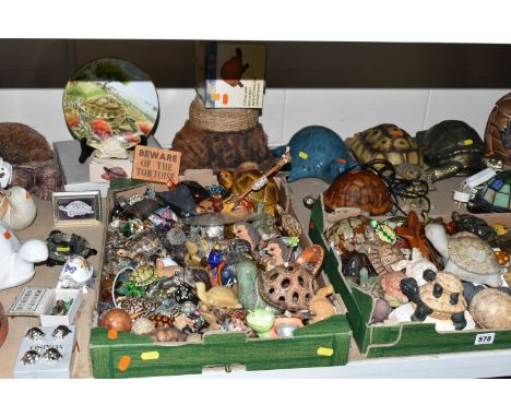 TWO BOXES AND LOOSE TORTOISE AND TURTLE ORNAMENTS, ETC, large collection to include several tortoise shaped table lamps, boxe