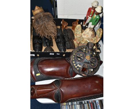 A SELECTION OF WOODEN AFRICAN SOUVENIR ART ORNAMENTS INCLUDING PIECES BY SHONA ARTISANS AND OTHERS, including a pair of two l