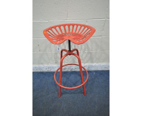 A RED PAINTED REPRODUCTION CAST ALUMINIUM TRACTOR SEAT STOOL, with swivel height adjusting seat, maximum height 83cm x minimu