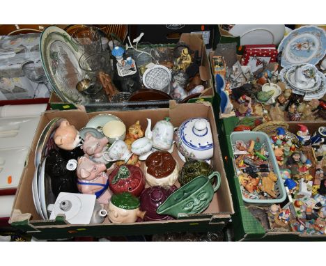 FOUR BOXES AND LOOSE CERAMICS, ORNAMENTS, GLASS WARE, PICNIC SET AND SUNDRY ITEMS, to include six pieces of Royal Doulton Win