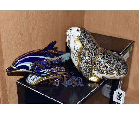 TWO BOXED ROYAL CROWN DERBY PAPERWEIGHTS, comprising Russian Walrus and Bottlenose Dolphin, each with gold stopper and red pr