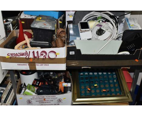 FOUR BOXES AND LOOSE ASSORTED SUNDRY ITEMS ETC, to include assorted tools in two tool boxes, part socket set,  iPhone A1549, 