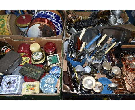 FIVE BOXES AND LOOSE ADVERTISING TINS AND OTHER METALWARE, to include twenty nine advertising tins of various ages, including