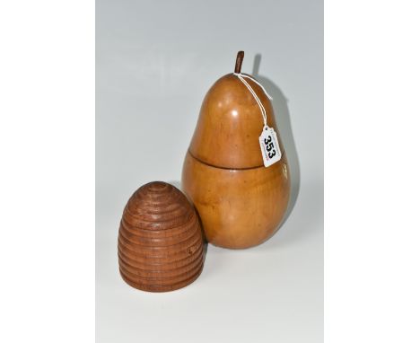 A TURNED FRUITWOOD TEA CADDY, modelled in the form of a pear, possibly late 20th Century, height 19cm together with a turned 
