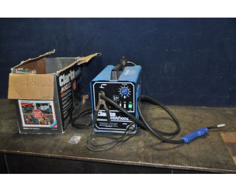 A CLARKE WELD 100E Mk2 MIG WELDING PLANT with original box, torch and earth clamp, spare tips, wire (in machine) and Argon bo