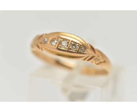 A LATE VICTORIAN 18CT GOLD, DIAMOND FIVE STONE RING, boat ring set with five graduating old cut and single cut diamonds, scro