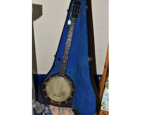 A BANJO AND HARD CASE, comprising 'The New Windsor' patent Zither Banjo made by A.O Windsor of Birmingham,  early 20th centur