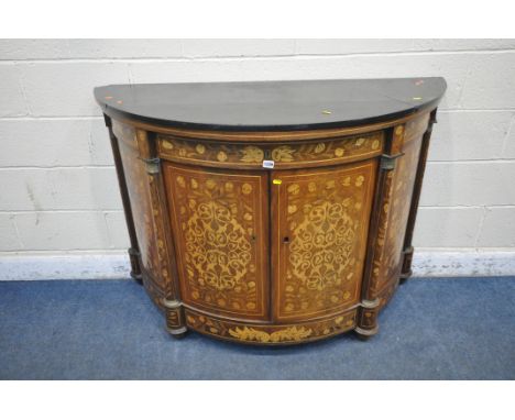A 19TH CENTURY DUTCH MAHOGANY AND MARQUETRY INLAID DEMI-LUNE MARBLE TOP COMMODE, featuring foliate, vines and flower heads, w