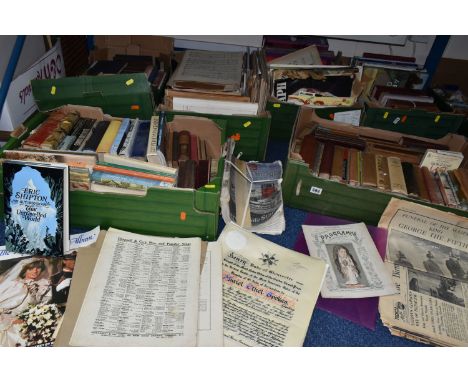 SIX BOXES  OF VINTAGE BOOKS AND EPHEMERA ETC, to include 'About Britain' guide books, Eric Shipton 'That Untravelled World', 