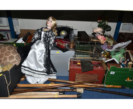 FOUR BOXES AND LOOSE MISCELLANEOUS SUNDRIES, to include a vintage Hacker 'Herald' radio, two 1960's budgie cages, ornate cast