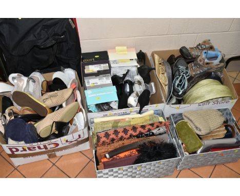 FIVE BOXES OF LADIES' SHOES, HATS AND ACCESSORIES, to include a quantity of shoes and boots, size UK 6/7, maker's names inclu
