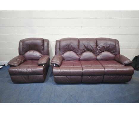 A PLUM LEATHER UPHOLSTERED THREE PIECE LOUNGE SUITE, comprising a three seater sofa, length 203cm x depth 100cm x height 96cm