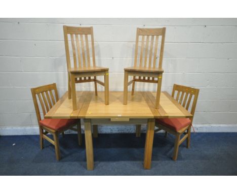 A MODERN LIGHT OAK DRAW LEAF DINING TABLE, open width 160cm x 90cm squared x height 78cm, along with a set of four chairs (co