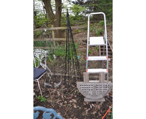 TWO METAL PLANT OBERLISKS, 150cm and 167cm in height an aluminium step ladder and a hardwood folding occasional table (4)