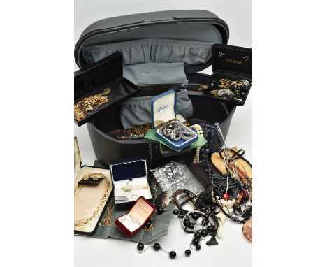 A STORAGE BOX WITH COSTUME JEWELLERY, to include a boxed 'Monet' gold tone and paste set necklace with matching 'Monet' earri