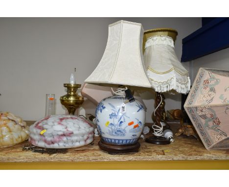 A GROUP OF TABLE LAMPS AND TWO 1930S GLASS 'FLYCATCHER' LIGHT SHADES, comprising a mottled orange and white 'Flycatcher' glas