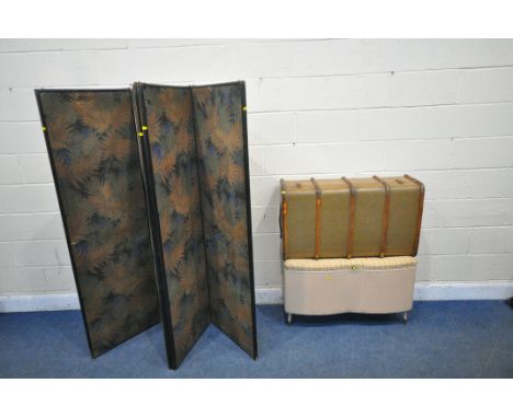 A FOUR PANEL FOLDING SCREEN, with foliate decoration, length 217cm x height 171cm, a wicker ottoman, along with a wooden band
