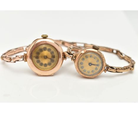 TWO LADIES 9CT GOLD WRISTWATCHES, the first a manual wind watch, worn two tone dial, polished case, hallmarked 9ct Chester po