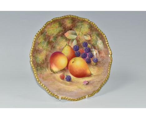 A ROYAL WORCESTER flower shaped cabinet plate, with gilt gadrooned edge, decorated with hand painted fruit by H Ayrton, diame