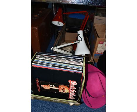 A BOX OF TWENTY NINE LPs AND ANGLEPOISE LAMP, including Black Sabbath 'The Collection,' Jimi Hendrix 'Crash Landing,' The Bea