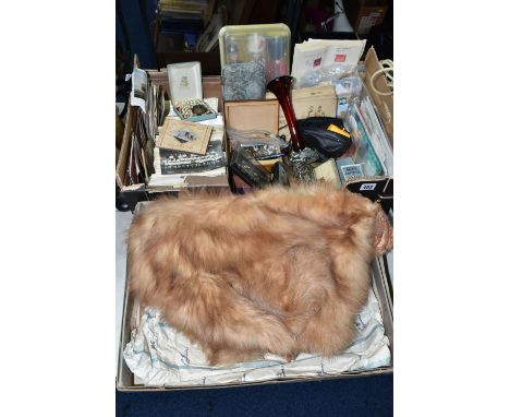 A BOX AND LOOSE FUR CAPE, EPHEMERA AND SUNDRY ITEMS, to include a boxed fox fur cape, a quantity of Post Office stamp postcar