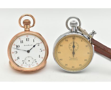 A ROLLED GOLD OPEN FACE POCKET WATCH AND A STOP WATCH, manual wind pocket watch, round white dial signed 'Trenton-Record', Ar