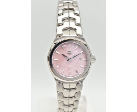 A 'TAG HEUER' LINK LADIES WRISTWATCH, quartz movement, pink dial signed 'Tag Heuer Link', baton markers, date aperture at the