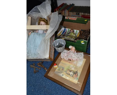 TWO BOXES AND LOOSE DOLLS, BOOKS AND SUNDRY ITEMS, to include a boxed mid twentieth century Nancy Ann Storybook Doll 'Moonlig