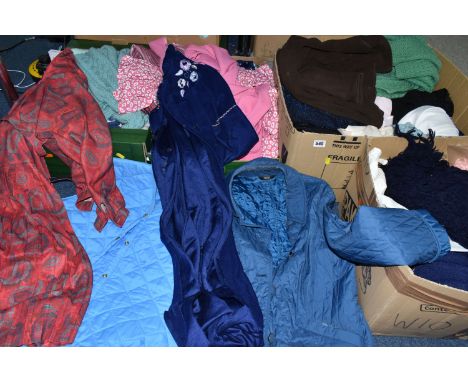 FIVE BOXES OF WOMEN'S VINTAGE CLOTHES including light jackets, skirts, nightwear from various high street brands such as Mark
