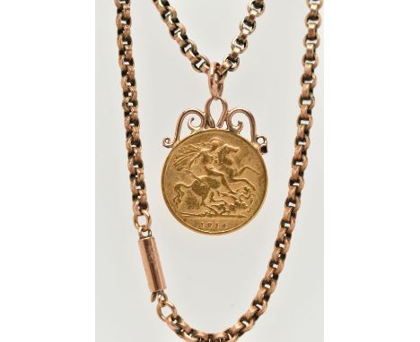 A MOUNTED HALF SOVEREIGN PENDANT AND CHAIN, George V half sovereign, dated 1914, fitted to a scrolling surmount with jump rin