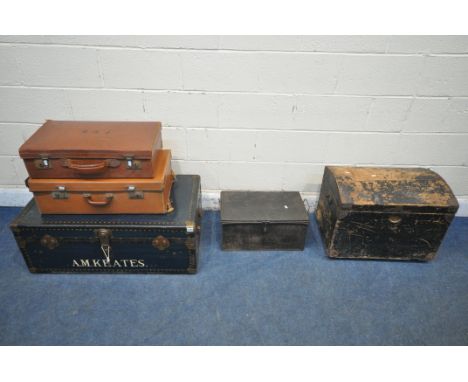A BLUE RECTANGULAR TRAVELING TRUNK, width 93cm x depth 53cm x height 35cm, two leather cases, a wooden trunk with twin metal 