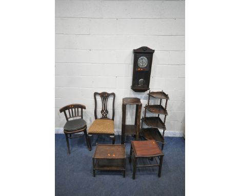 A VARIETY OF OCCASIONAL FURNITURE, to include a two tier plant stand, 34cm squared x height 93cm, a wall clock, a four tier c