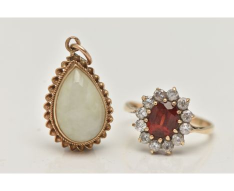 A 9CT GOLD CLUSTER RING AND A PENDANT, the oval cluster set with an oval cut garnet, in a surround of colourless cubic zircon