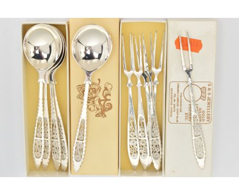 A SELECTION OF CONTINENTAL WHITE METAL CUTLERY, to include six spoons and six forks, with wire scrolling detail, stamped 830,