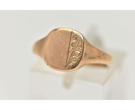 A 9CT GOLD SIGNET RING, rounded square form, with foliate pattern, tapering polished band, hallmarked 9ct Birmingham, ring si
