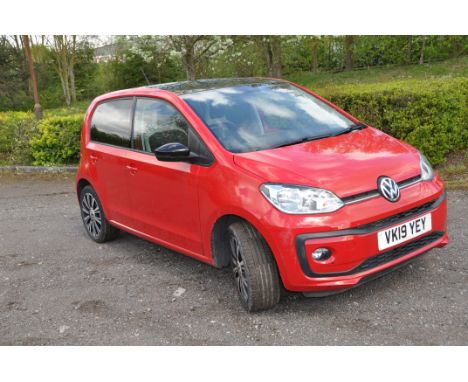 A 2019 VW UP 5 DOOR HATCHBACK CAR IN RED. 999cc petrol engine, 5 speed manual gearbox, V5c present, one previous owner, first