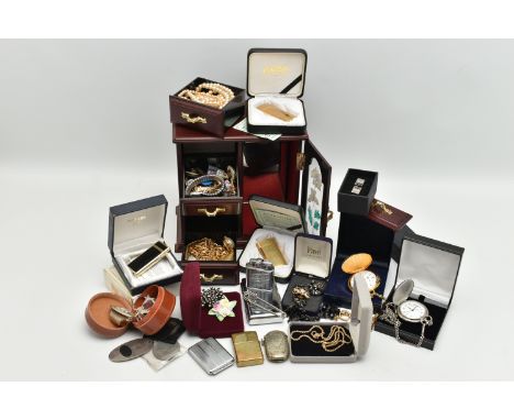 A JEWELLERY BOX AND ITEMS, to include a multi storage jewellery box (one draw is broken), with imitation pearl necklaces, cha