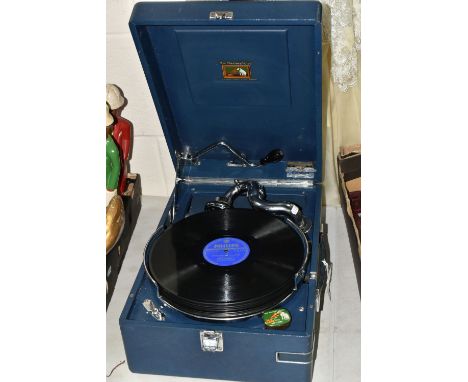A 1930s HMV MODEL 102 WIND UP GRAMOPHONE IN BLUE PORTABLE CASE, including twelve LPs featuring artists such as Tony Bennett a